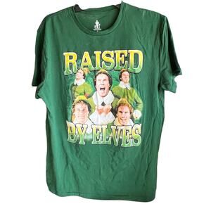 ELF Raised by Elves Will Ferrell Green Christmas graphic tee unisex NWOT SZ M